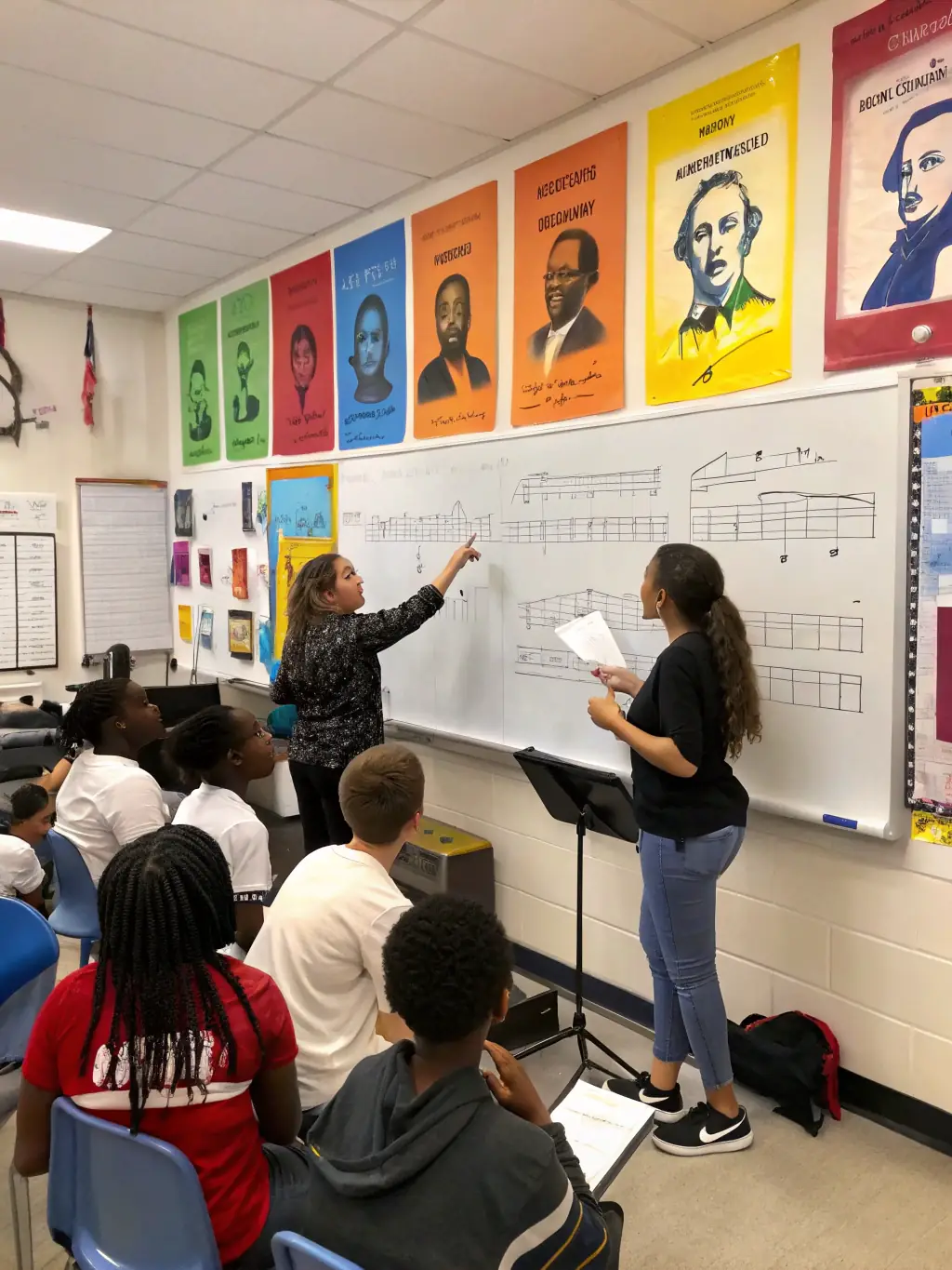 A dynamic image of a JEM LA YE skill development workshop, featuring participants actively engaged in learning singing techniques, with a focus on vocal coaching and musical theory.