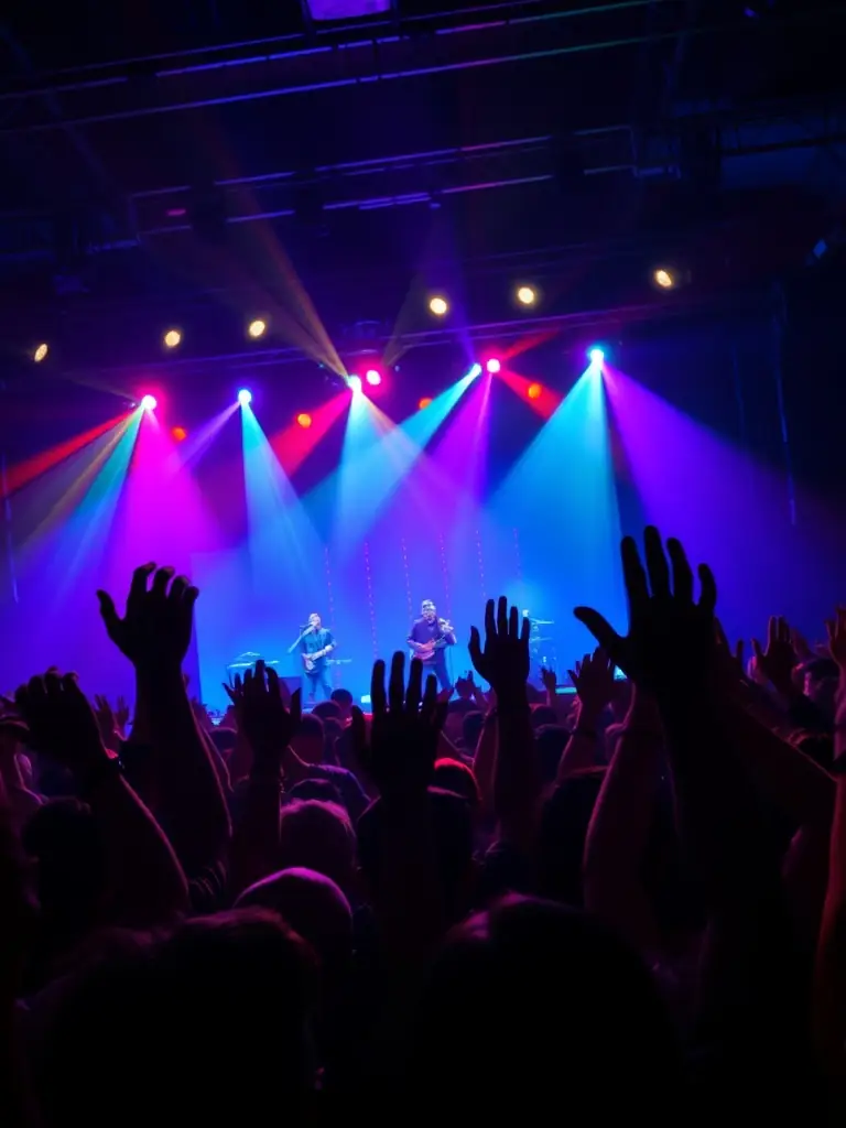 A vibrant photograph capturing a JEM LA YE music performance program, showcasing singers on stage with instruments, bathed in warm stage lighting, emphasizing the energy and passion of the performers.