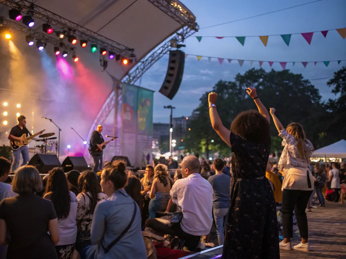 An image of a lively community concert with performers on stage and an engaged audience, showcasing JEM LA YE's Music Performance Programs.