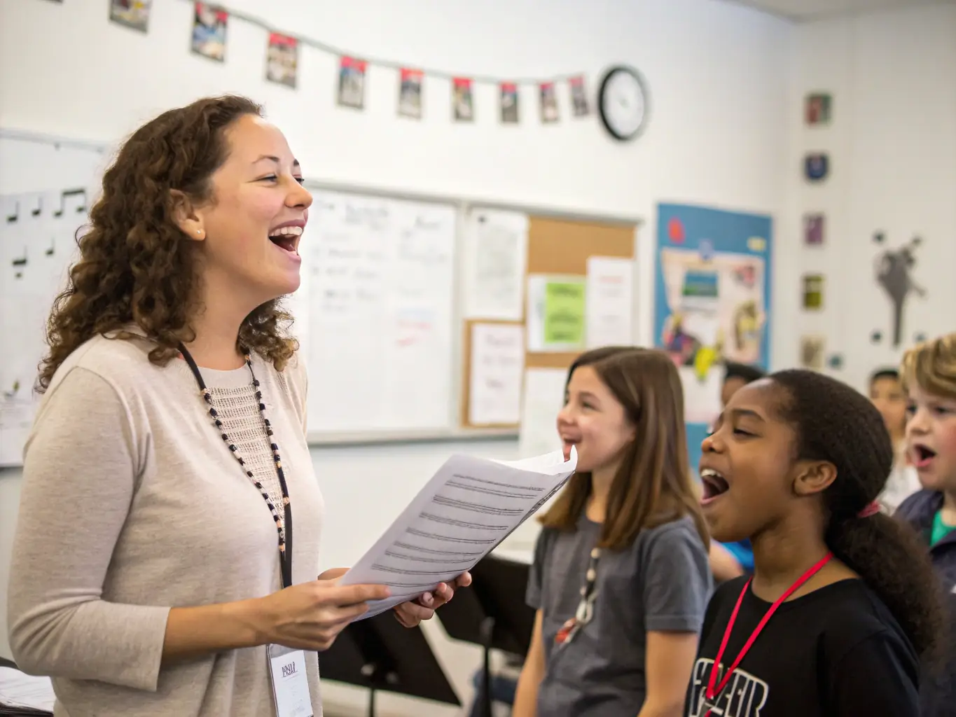 A photo of a workshop session with a music instructor guiding students in singing exercises, representing JEM LA YE's Skill Development Workshops.